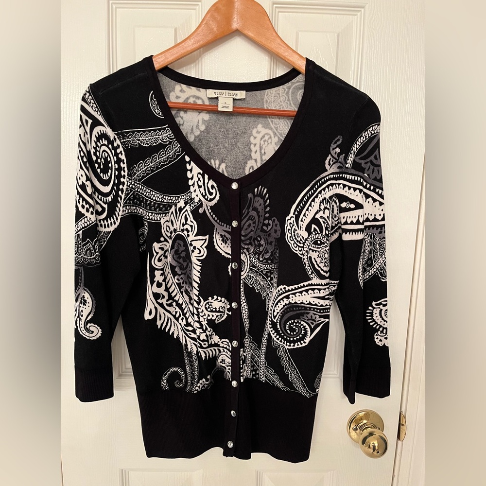 White House Black Market Black & white cardigan with Crystal buttons size Large
